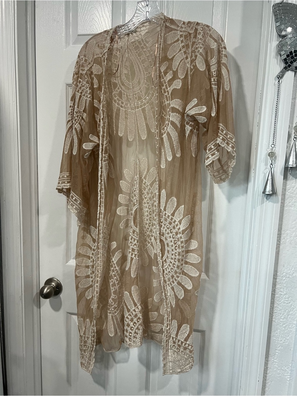 Sheer Knit Beige Cover-Up with Textured Stripes